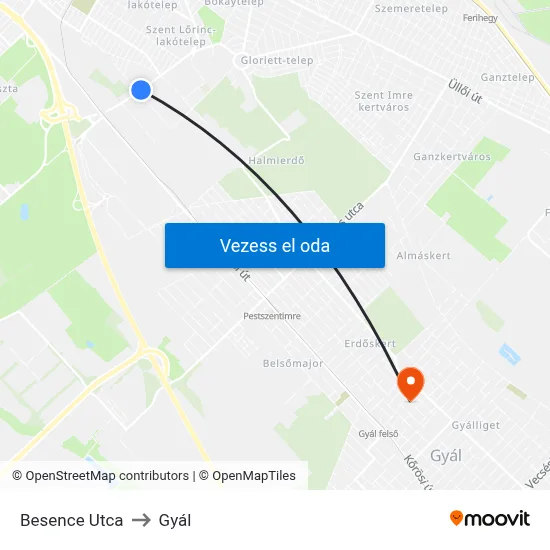 Besence Utca to Gyál map