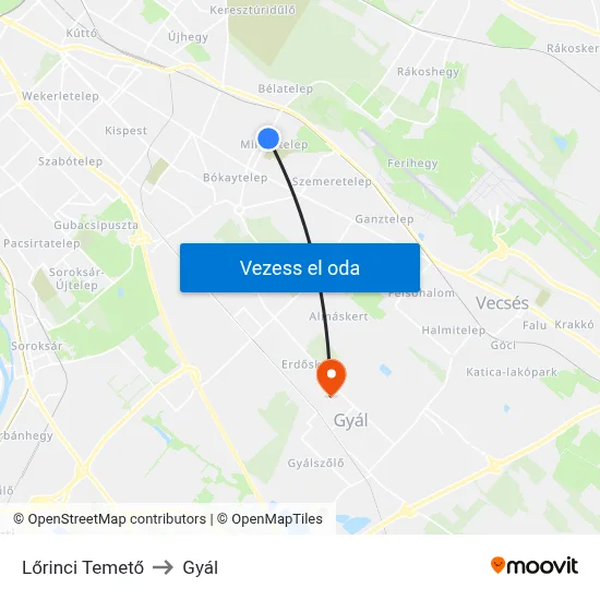 Lőrinci Temető to Gyál map