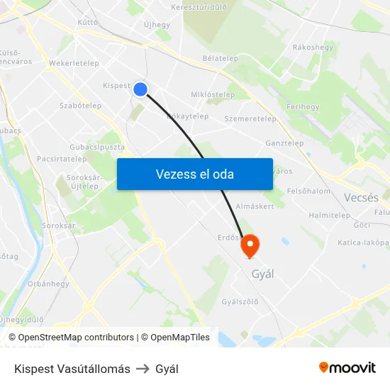 Kispest Vasútállomás to Gyál map
