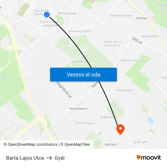 Barta Lajos Utca to Gyál map