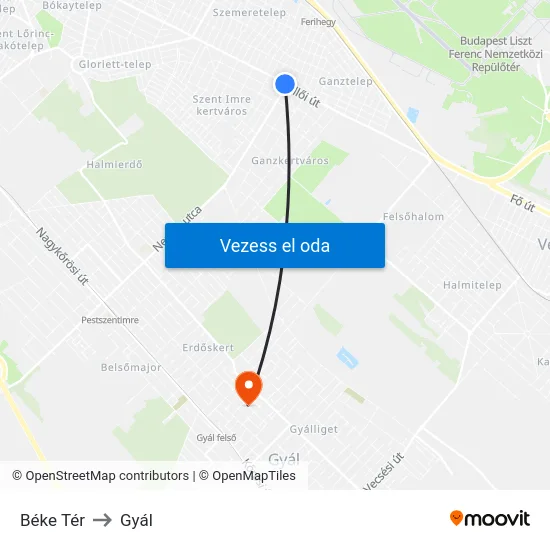Béke Tér to Gyál map