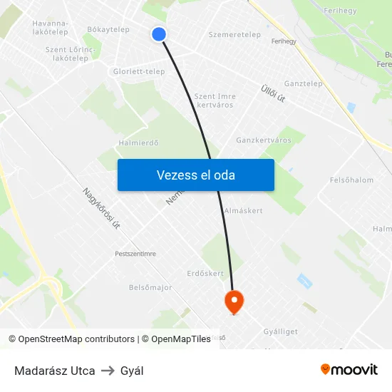 Madarász Utca to Gyál map