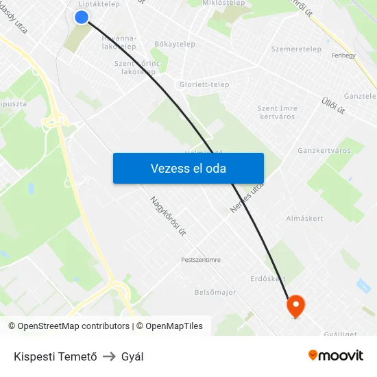 Kispesti Temető to Gyál map