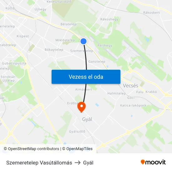 Szemeretelep Vasútállomás to Gyál map