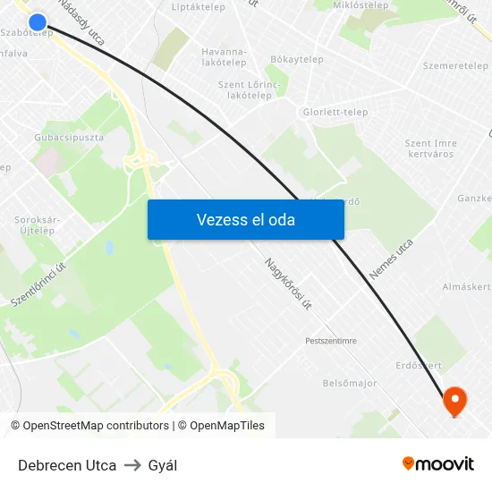 Debrecen Utca to Gyál map