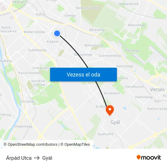 Árpád Utca to Gyál map