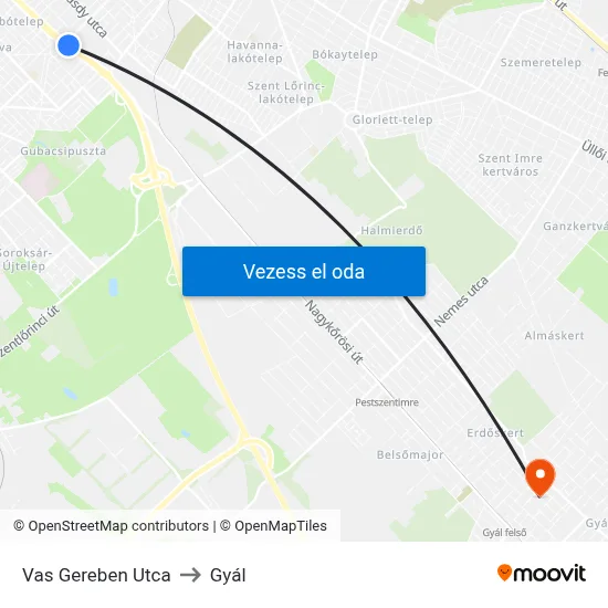 Vas Gereben Utca to Gyál map