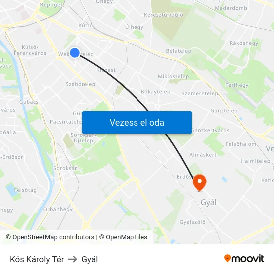 Kós Károly Tér to Gyál map