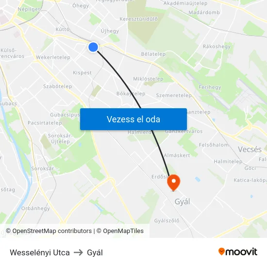 Wesselényi Utca to Gyál map