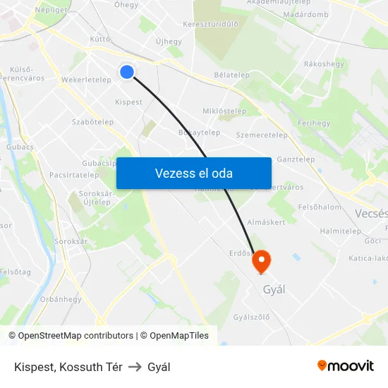 Kispest, Kossuth Tér to Gyál map