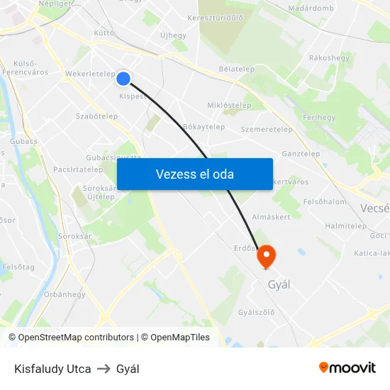 Kisfaludy Utca to Gyál map