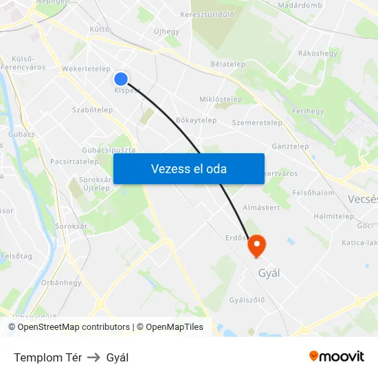 Templom Tér to Gyál map