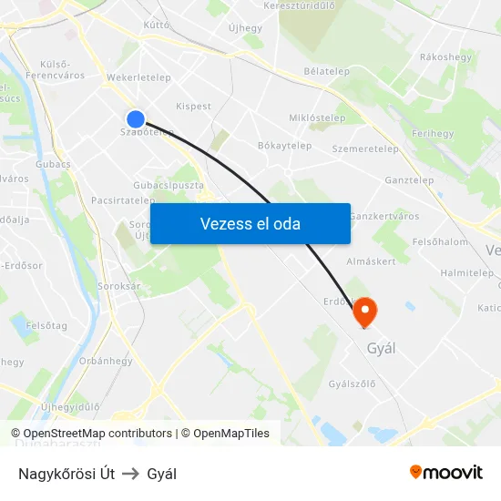 Nagykőrösi Út to Gyál map