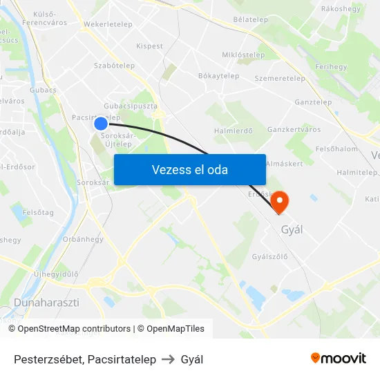Pesterzsébet, Pacsirtatelep to Gyál map