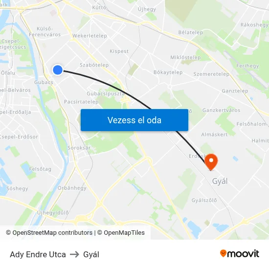 Ady Endre Utca to Gyál map