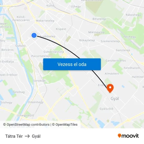 Tátra Tér to Gyál map