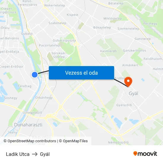 Ladik Utca to Gyál map