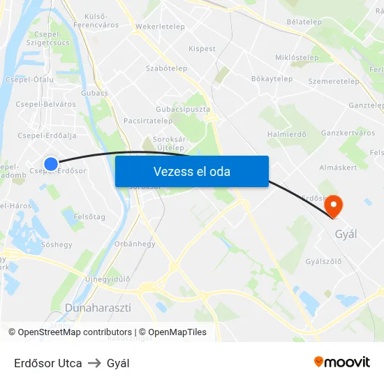 Erdősor Utca to Gyál map