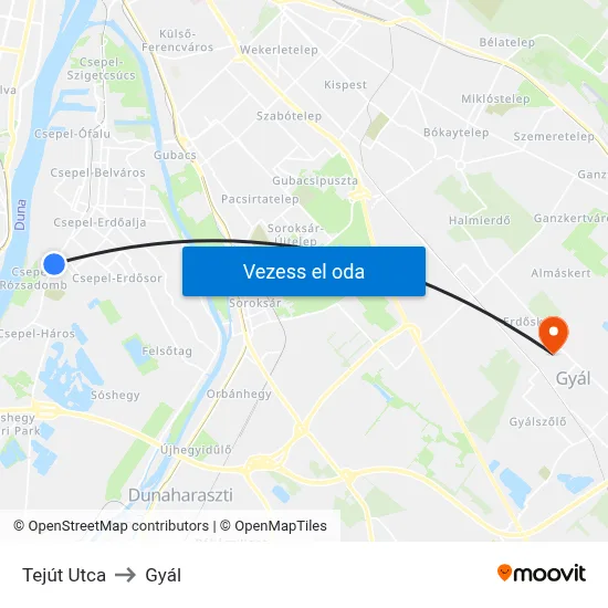 Tejút Utca to Gyál map