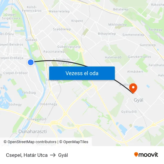 Csepel, Határ Utca to Gyál map