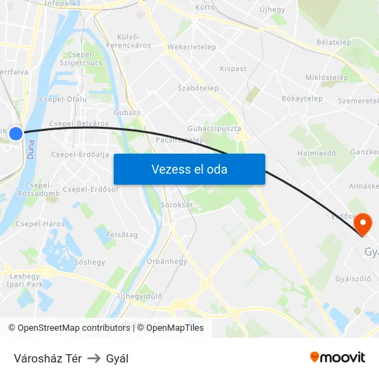 Városház Tér to Gyál map