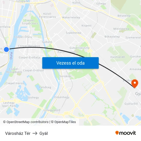 Városház Tér to Gyál map