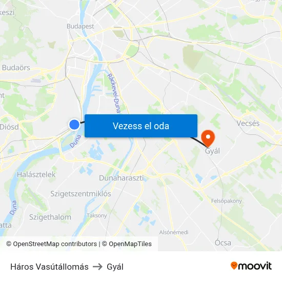 Háros Vasútállomás to Gyál map