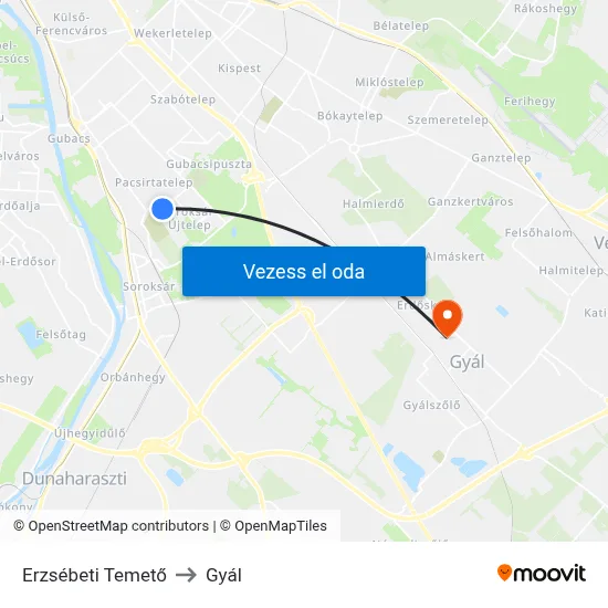 Erzsébeti Temető to Gyál map