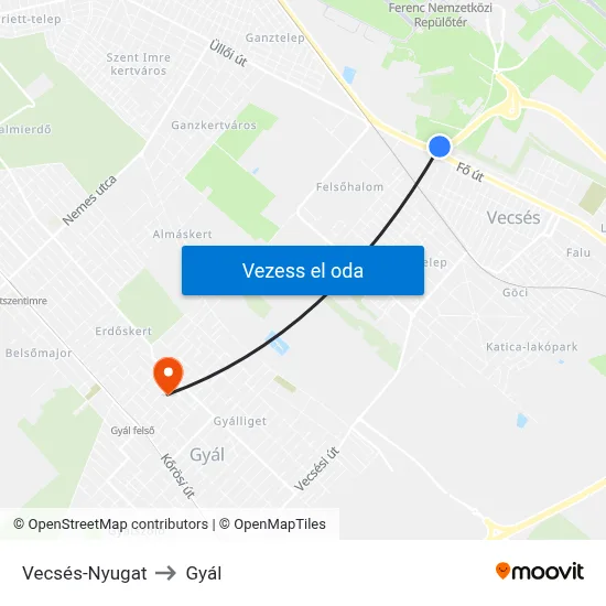 Vecsés-Nyugat to Gyál map