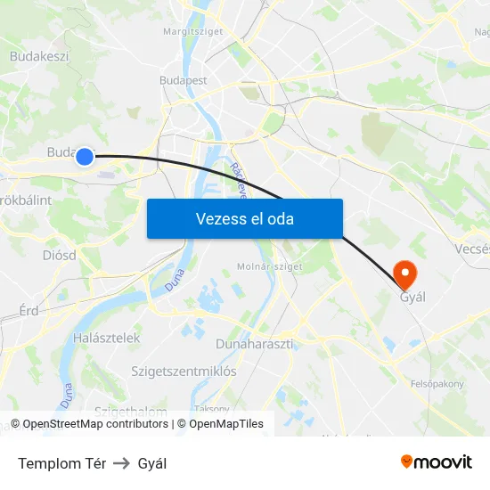 Templom Tér to Gyál map