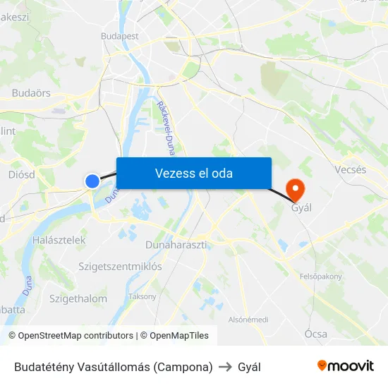 Budatétény Vasútállomás (Campona) to Gyál map