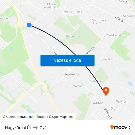 Nagykőrösi Út to Gyál map