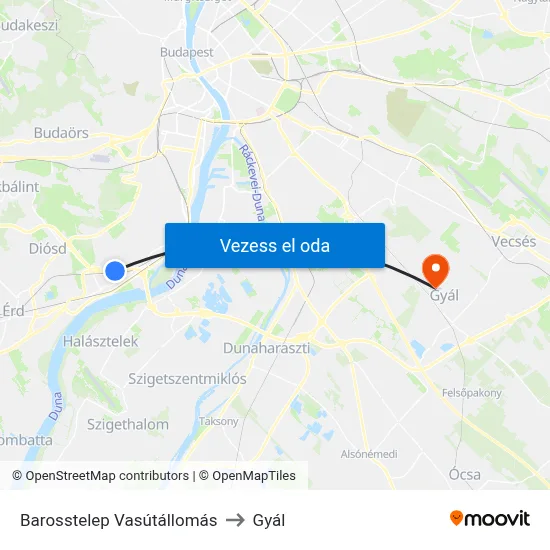 Barosstelep Vasútállomás to Gyál map