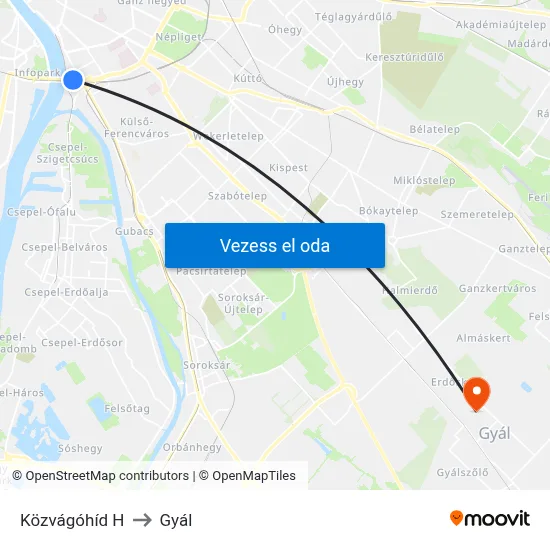 Közvágóhíd H to Gyál map