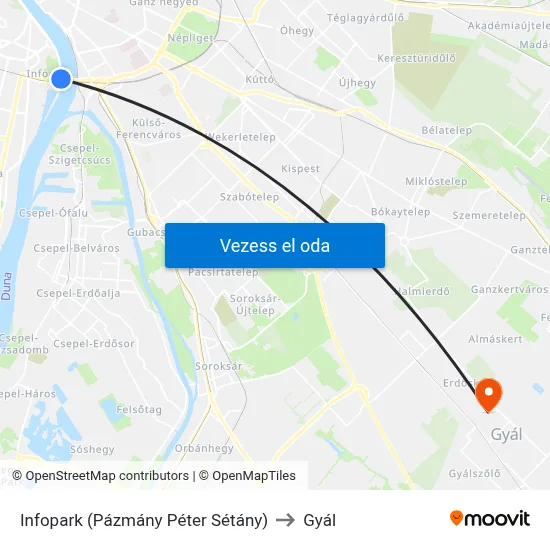 Infopark (Pázmány Péter Sétány) to Gyál map