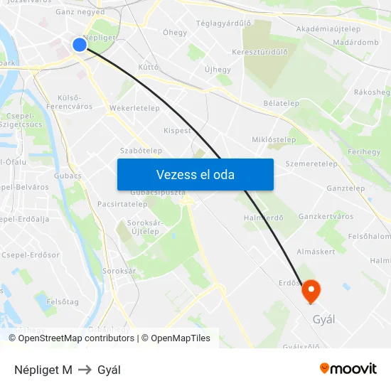 Népliget M to Gyál map