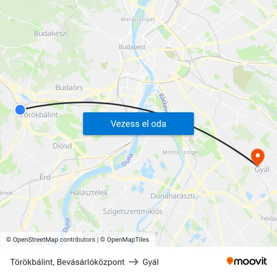 Törökbálint, Bevásárlóközpont to Gyál map