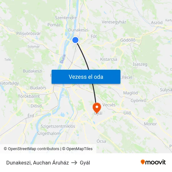 Dunakeszi, Auchan Áruház to Gyál map