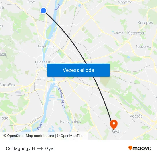 Csillaghegy H to Gyál map