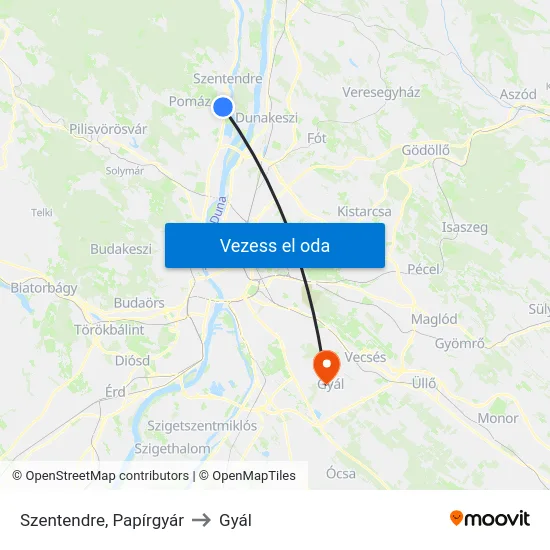 Szentendre, Papírgyár to Gyál map