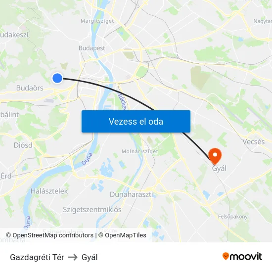Gazdagréti Tér to Gyál map