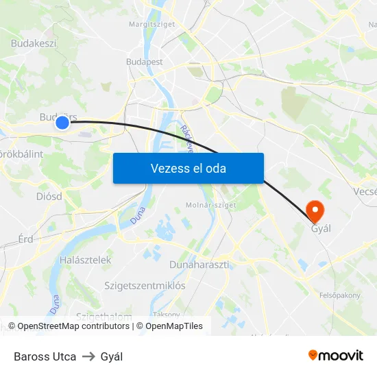 Baross Utca to Gyál map