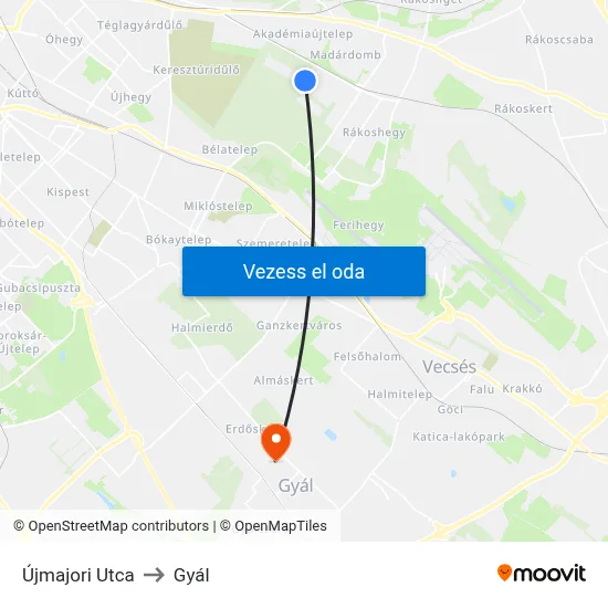 Újmajori Utca to Gyál map