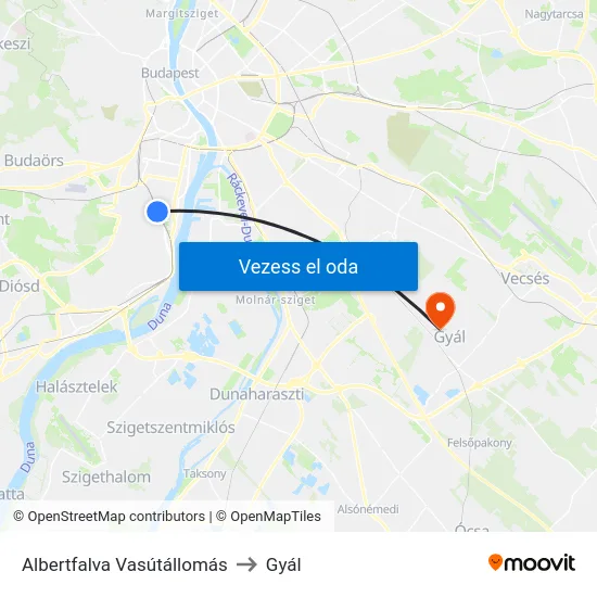 Albertfalva Vasútállomás to Gyál map