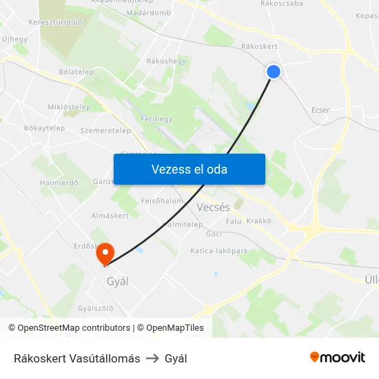 Rákoskert Vasútállomás to Gyál map