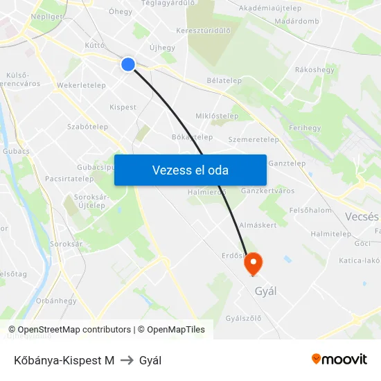 Kőbánya-Kispest M to Gyál map