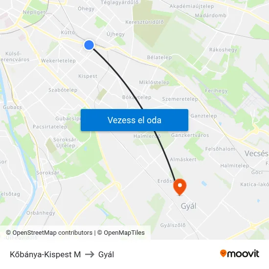 Kőbánya-Kispest M to Gyál map