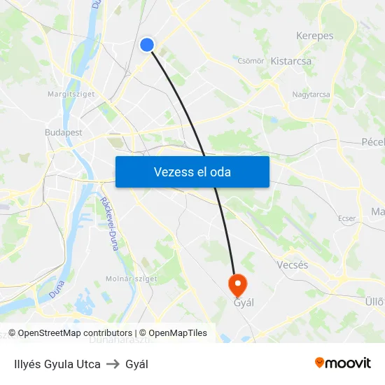 Illyés Gyula Utca to Gyál map