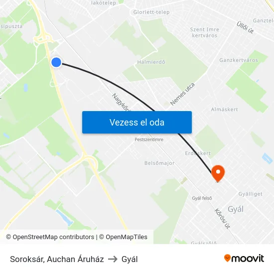 Soroksár, Auchan Áruház to Gyál map