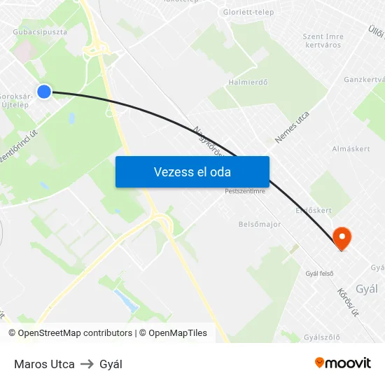 Maros Utca to Gyál map
